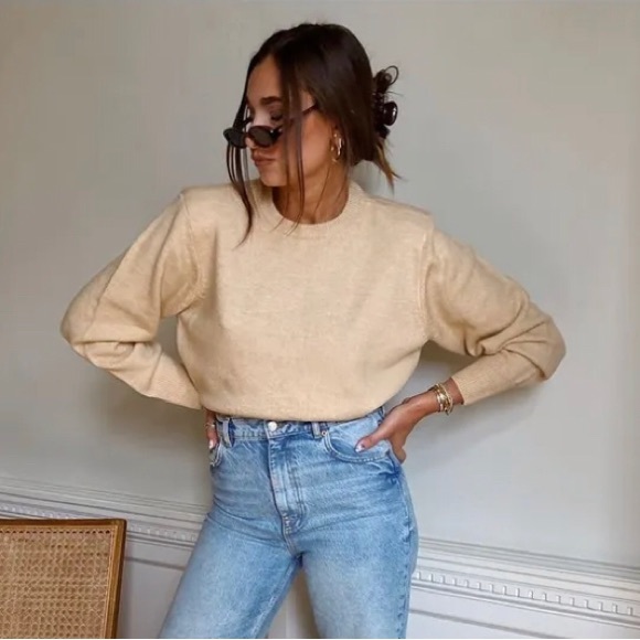 🍂🍁 DANIELLE BERNSTEIN Tan Crop Sweater Long Sleeve Ribbed Neck Sweater XS NWT - Picture 3 of 3